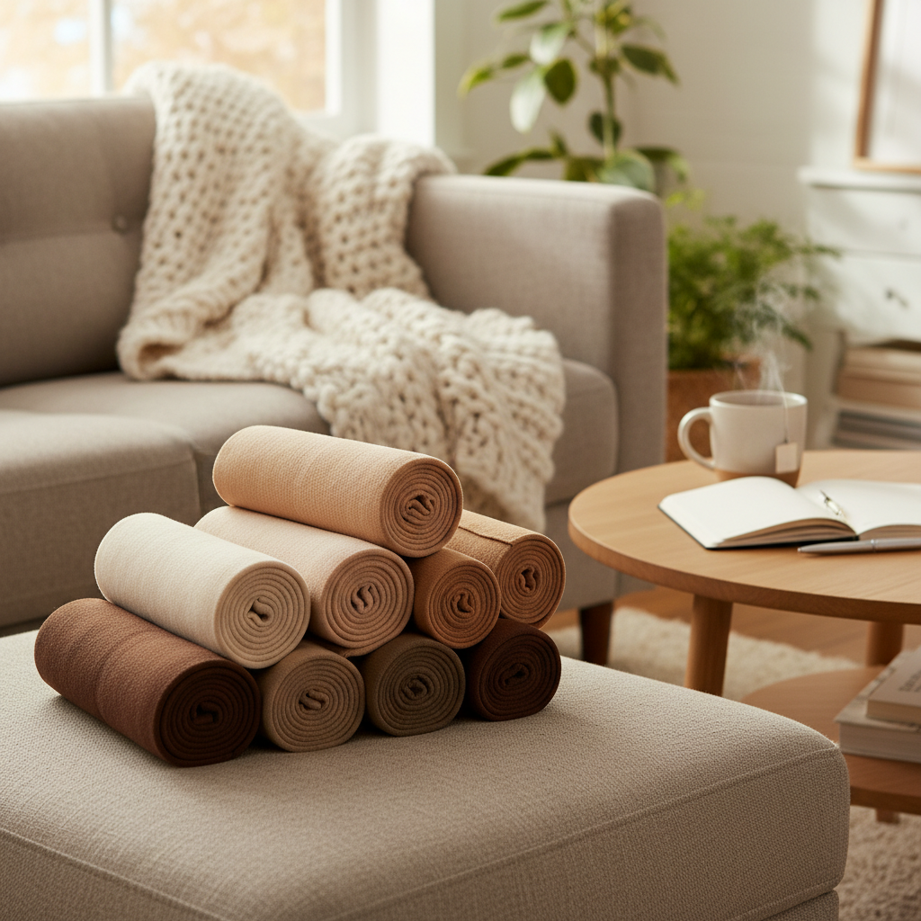 A close-up, photographic realistic view of a cozy living room corner where a cushioned ottoman supports a stack of neatly rolled compression wraps in varying skin tones, from very light to deep brown, showcasing inclusive options. Surrounding them are a soft knitted throw blanket draped over a neutral sofa and a low wooden coffee table holding a herbal tea mug and an open wellness journal without visible text. Warm late-afternoon natural light pours through a side window, creating a golden, comforting glow and subtle bokeh in the background. Shot from a slightly elevated angle, the composition feels welcoming and homey, normalizing lymphedema care as part of a balanced, relaxing lifestyle.